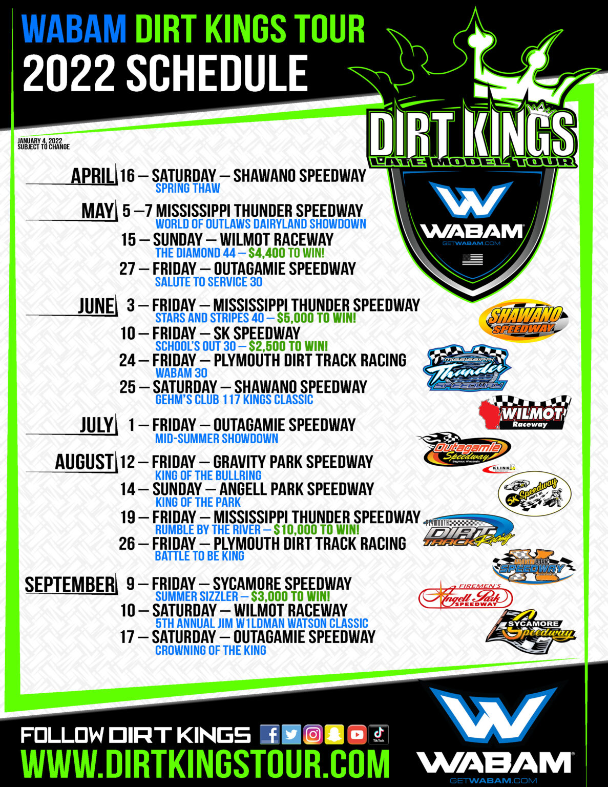 dirt kings tour schedule