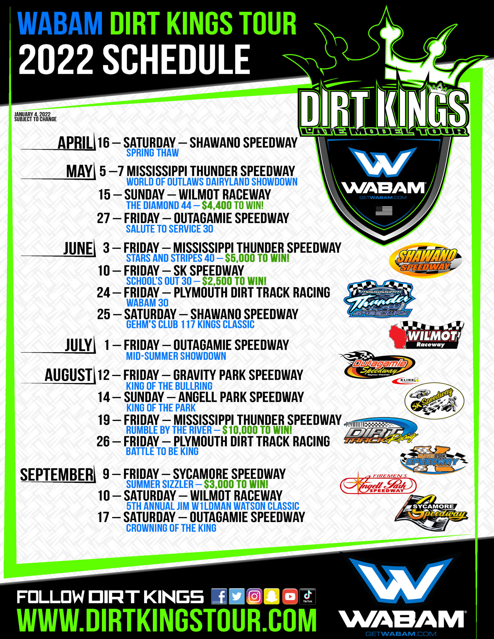 2022 WABAM Dirt Kings Late Model Tour Schedule Dirt Kings Tour